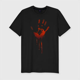 Мужская футболка хлопок Slim с принтом Отпечаток руки в Белгороде, 92% хлопок, 8% лайкра | приталенный силуэт, круглый вырез ворота, длина до линии бедра, короткий рукав | halloween | костюм на хэллоуин | кровавая рука | кровавый отпечаток | кровь | рисунок кровью | футболка для хэллоуина | хэллоуин