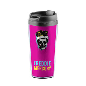 Термокружка-непроливайка с принтом Freddie Mercury_pink в Белгороде, внутренняя часть — пищевой пластик, наружная часть — прозрачный пластик, между ними — полиграфическая вставка с рисунком | объем — 350 мл, герметичная крышка | 