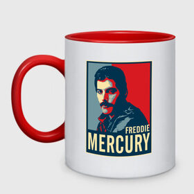 Кружка двухцветная с принтом Freddie Mercury в Белгороде, керамика | объем — 330 мл, диаметр — 80 мм. Цветная ручка и кайма сверху, в некоторых цветах — вся внутренняя часть | freddie mercury | queen | фредди меркьюри