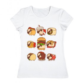 Женская футболка хлопок с принтом Мопсы в Белгороде, 100% хлопок | прямой крой, круглый вырез горловины, длина до линии бедер, слегка спущенное плечо | fastfood | pug | бургер | еда | кола | пицца | собака | фастфуд | хотдог | чипсы | шаурма