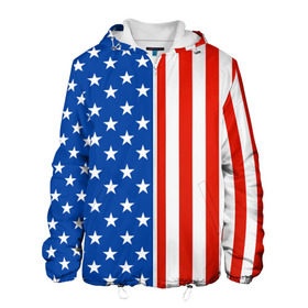 Мужская куртка 3D с принтом Американский Флаг в Белгороде, ткань верха — 100% полиэстер, подклад — флис | прямой крой, подол и капюшон оформлены резинкой с фиксаторами, два кармана без застежек по бокам, один большой потайной карман на груди. Карман на груди застегивается на липучку | америка | вашингтон | звезды | патриот | сша | трамп | триколор