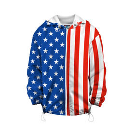 Детская куртка 3D с принтом Американский Флаг в Белгороде, 100% полиэстер | застежка — молния, подол и капюшон оформлены резинкой с фиксаторами, по бокам — два кармана без застежек, один потайной карман на груди, плотность верхнего слоя — 90 г/м2; плотность флисового подклада — 260 г/м2 | Тематика изображения на принте: америка | вашингтон | звезды | патриот | сша | трамп | триколор
