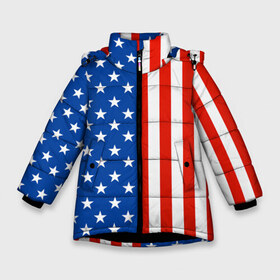 Зимняя куртка для девочек 3D с принтом Американский Флаг в Белгороде, ткань верха — 100% полиэстер; подклад — 100% полиэстер, утеплитель — 100% полиэстер. | длина ниже бедра, удлиненная спинка, воротник стойка и отстегивающийся капюшон. Есть боковые карманы с листочкой на кнопках, утяжки по низу изделия и внутренний карман на молнии. 

Предусмотрены светоотражающий принт на спинке, радужный светоотражающий элемент на пуллере молнии и на резинке для утяжки. | Тематика изображения на принте: америка | вашингтон | звезды | патриот | сша | трамп | триколор