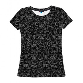 Женская футболка 3D с принтом Чёрно-белая хохлома в Белгороде, 100% полиэфир ( синтетическое хлопкоподобное полотно) | прямой крой, круглый вырез горловины, длина до линии бедер | 