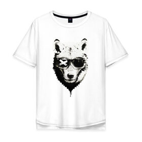 Мужская футболка хлопок Oversize с принтом wolf with glasses в Белгороде, 100% хлопок | свободный крой, круглый ворот, “спинка” длиннее передней части | Тематика изображения на принте: wolf | волк | волк в очках | голова | животное | животное в очках | зверь. | мода | модное | очки | пес | собака | хипстер
