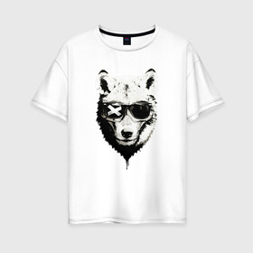 Женская футболка хлопок Oversize с принтом wolf with glasses в Белгороде, 100% хлопок | свободный крой, круглый ворот, спущенный рукав, длина до линии бедер
 | wolf | волк | волк в очках | голова | животное | животное в очках | зверь. | мода | модное | очки | пес | собака | хипстер
