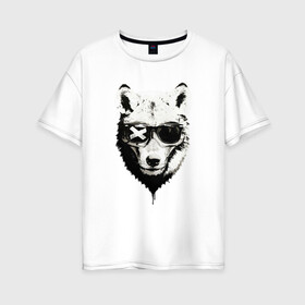 Женская футболка хлопок Oversize с принтом wolf with glasses в Белгороде, 100% хлопок | свободный крой, круглый ворот, спущенный рукав, длина до линии бедер
 | Тематика изображения на принте: wolf | волк | волк в очках | голова | животное | животное в очках | зверь. | мода | модное | очки | пес | собака | хипстер