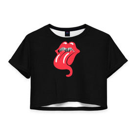 Женская футболка 3D укороченная с принтом Monsters Kiss в Белгороде, 100% полиэстер | круглая горловина, длина футболки до линии талии, рукава с отворотами | halloween | jagger | lips | mick | monster | rock | rolling | stones | tongue | tooth | вольные | губы | джаггер | зубы | камни | катящиеся | мик | монстер | рок | странники | хеллоуин | хэллоуин | язык