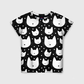 Детская футболка 3D с принтом Love Cats Pattern в Белгороде, 100% гипоаллергенный полиэфир | прямой крой, круглый вырез горловины, длина до линии бедер, чуть спущенное плечо, ткань немного тянется | белый | кот | котенок | котэ | котя | котята | кошка | любовь | мимими | паттерн | сердечки | сердце | силуэт | черный | я люблю кошек