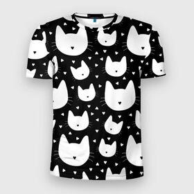 Мужская футболка 3D спортивная с принтом Love Cats Pattern в Белгороде, 100% полиэстер с улучшенными характеристиками | приталенный силуэт, круглая горловина, широкие плечи, сужается к линии бедра | белый | кот | котенок | котэ | котя | котята | кошка | любовь | мимими | паттерн | сердечки | сердце | силуэт | черный | я люблю кошек