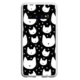 Чехол для Samsung Galaxy S10 с принтом Love Cats Pattern в Белгороде, Силикон | Область печати: задняя сторона чехла, без боковых панелей | белый | кот | котенок | котэ | котя | котята | кошка | любовь | мимими | паттерн | сердечки | сердце | силуэт | черный | я люблю кошек