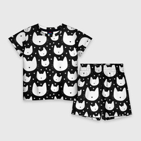 Детский костюм с шортами 3D с принтом Love Cats Pattern в Белгороде,  |  | белый | кот | котенок | котэ | котя | котята | кошка | любовь | мимими | паттерн | сердечки | сердце | силуэт | черный | я люблю кошек
