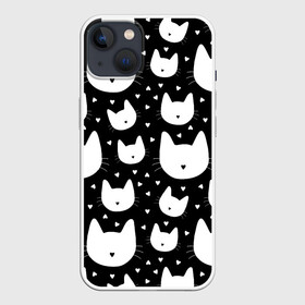 Чехол для iPhone 13 с принтом Love Cats Pattern в Белгороде,  |  | белый | кот | котенок | котэ | котя | котята | кошка | любовь | мимими | паттерн | сердечки | сердце | силуэт | черный | я люблю кошек