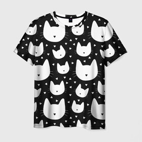 Мужская футболка 3D с принтом Love Cats Pattern в Белгороде, 100% полиэфир | прямой крой, круглый вырез горловины, длина до линии бедер | белый | кот | котенок | котэ | котя | котята | кошка | любовь | мимими | паттерн | сердечки | сердце | силуэт | черный | я люблю кошек