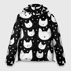 Мужская зимняя куртка 3D с принтом Love Cats Pattern в Белгороде, верх — 100% полиэстер; подкладка — 100% полиэстер; утеплитель — 100% полиэстер | длина ниже бедра, свободный силуэт Оверсайз. Есть воротник-стойка, отстегивающийся капюшон и ветрозащитная планка. 

Боковые карманы с листочкой на кнопках и внутренний карман на молнии. | Тематика изображения на принте: белый | кот | котенок | котэ | котя | котята | кошка | любовь | мимими | паттерн | сердечки | сердце | силуэт | черный | я люблю кошек
