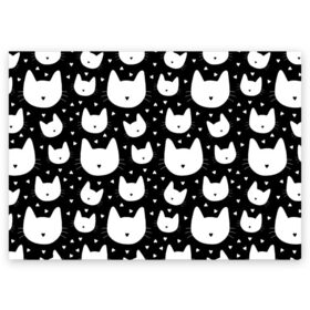 Поздравительная открытка с принтом Love Cats Pattern в Белгороде, 100% бумага | плотность бумаги 280 г/м2, матовая, на обратной стороне линовка и место для марки
 | белый | кот | котенок | котэ | котя | котята | кошка | любовь | мимими | паттерн | сердечки | сердце | силуэт | черный | я люблю кошек