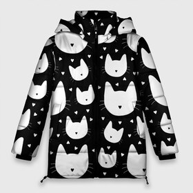 Женская зимняя куртка 3D с принтом Love Cats Pattern в Белгороде, верх — 100% полиэстер; подкладка — 100% полиэстер; утеплитель — 100% полиэстер | длина ниже бедра, силуэт Оверсайз. Есть воротник-стойка, отстегивающийся капюшон и ветрозащитная планка. 

Боковые карманы с листочкой на кнопках и внутренний карман на молнии | белый | кот | котенок | котэ | котя | котята | кошка | любовь | мимими | паттерн | сердечки | сердце | силуэт | черный | я люблю кошек