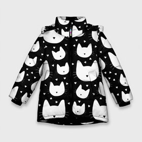 Зимняя куртка для девочек 3D с принтом Love Cats Pattern в Белгороде, ткань верха — 100% полиэстер; подклад — 100% полиэстер, утеплитель — 100% полиэстер. | длина ниже бедра, удлиненная спинка, воротник стойка и отстегивающийся капюшон. Есть боковые карманы с листочкой на кнопках, утяжки по низу изделия и внутренний карман на молнии. 

Предусмотрены светоотражающий принт на спинке, радужный светоотражающий элемент на пуллере молнии и на резинке для утяжки. | белый | кот | котенок | котэ | котя | котята | кошка | любовь | мимими | паттерн | сердечки | сердце | силуэт | черный | я люблю кошек