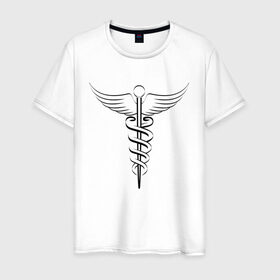 Мужская футболка хлопок с принтом Кадуцей Black в Белгороде, 100% хлопок | прямой крой, круглый вырез горловины, длина до линии бедер, слегка спущенное плечо. | врач | доктор | женская | кадуцей | купить | лонгслив | майка | медик | медицина | мужская | подарок | символ | сувениры | толстовка | футболка