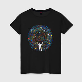 Женская футболка хлопок с принтом КосмоDj в Белгороде, 100% хлопок | прямой крой, круглый вырез горловины, длина до линии бедер, слегка спущенное плечо | dj | space | астронавт | диджей | диск | космонавт | космос | музыка | планеты | пластинка | солнечная система