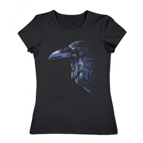 Женская футболка хлопок с принтом Ночной ворон в Белгороде, 100% хлопок | прямой крой, круглый вырез горловины, длина до линии бедер, слегка спущенное плечо | ворон | глаз | клюв | минимализм | ночь | перья | птица | рисунок | тень | хищник