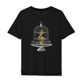 Мужская футболка хлопок Oversize с принтом Тишина в Белгороде, 100% хлопок | свободный крой, круглый ворот, “спинка” длиннее передней части | Тематика изображения на принте: взаперти | звук | клетка | минимализм | музыка | ноты | сюрреализм | тишина