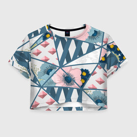 Женская футболка Cropp-top с принтом Геометрия цветов в Белгороде, 100% полиэстер | круглая горловина, длина футболки до линии талии, рукава с отворотами | геометрия | полосы | роза | розовый | синий | цветы