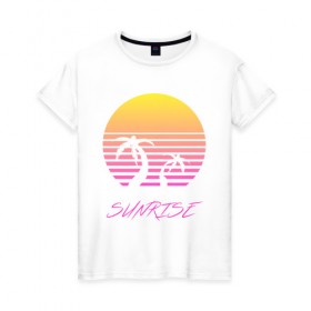 Женская футболка хлопок с принтом Retro sunrise в Белгороде, 100% хлопок | прямой крой, круглый вырез горловины, длина до линии бедер, слегка спущенное плечо | retro | sunrise | пальмы | розовый | солнце