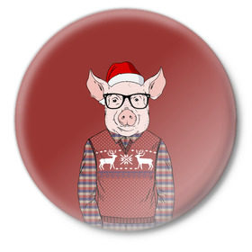 Значок с принтом New Year Pig в Белгороде,  металл | круглая форма, металлическая застежка в виде булавки | 2019 | merry christmas | new year | год свиньи | зима | новый год | поросенок | праздник | рождество | свинка | свинья