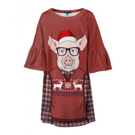 Детское платье 3D с принтом New Year Pig в Белгороде, 100% полиэстер | прямой силуэт, чуть расширенный к низу. Круглая горловина, на рукавах — воланы | 2019 | merry christmas | new year | год свиньи | зима | новый год | поросенок | праздник | рождество | свинка | свинья