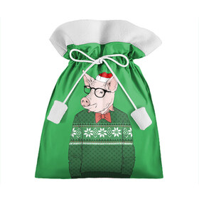 Подарочный 3D мешок с принтом New Year Hipster Pig в Белгороде, 100% полиэстер | Размер: 29*39 см | Тематика изображения на принте: 2019 | merry christmas | new year | год свиньи | зима | новый год | поросенок | праздник | рождество | свинка | свинья