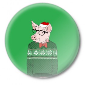 Значок с принтом New Year Hipster Pig в Белгороде,  металл | круглая форма, металлическая застежка в виде булавки | 2019 | merry christmas | new year | год свиньи | зима | новый год | поросенок | праздник | рождество | свинка | свинья