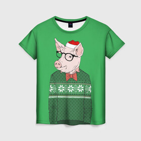 Женская футболка 3D с принтом New Year Hipster Pig в Белгороде, 100% полиэфир ( синтетическое хлопкоподобное полотно) | прямой крой, круглый вырез горловины, длина до линии бедер | 2019 | merry christmas | new year | год свиньи | зима | новый год | поросенок | праздник | рождество | свинка | свинья