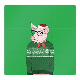 Магнитный плакат 3Х3 с принтом New Year Hipster Pig в Белгороде, Полимерный материал с магнитным слоем | 9 деталей размером 9*9 см | Тематика изображения на принте: 2019 | merry christmas | new year | год свиньи | зима | новый год | поросенок | праздник | рождество | свинка | свинья