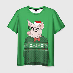 Мужская футболка 3D с принтом New Year Hipster Pig в Белгороде, 100% полиэфир | прямой крой, круглый вырез горловины, длина до линии бедер | 2019 | merry christmas | new year | год свиньи | зима | новый год | поросенок | праздник | рождество | свинка | свинья