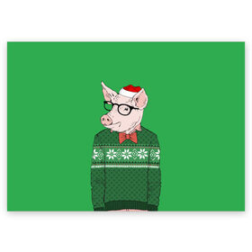 Поздравительная открытка с принтом New Year Hipster Pig в Белгороде, 100% бумага | плотность бумаги 280 г/м2, матовая, на обратной стороне линовка и место для марки
 | 2019 | merry christmas | new year | год свиньи | зима | новый год | поросенок | праздник | рождество | свинка | свинья