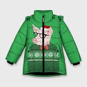 Зимняя куртка для девочек 3D с принтом New Year Hipster Pig в Белгороде, ткань верха — 100% полиэстер; подклад — 100% полиэстер, утеплитель — 100% полиэстер. | длина ниже бедра, удлиненная спинка, воротник стойка и отстегивающийся капюшон. Есть боковые карманы с листочкой на кнопках, утяжки по низу изделия и внутренний карман на молнии. 

Предусмотрены светоотражающий принт на спинке, радужный светоотражающий элемент на пуллере молнии и на резинке для утяжки. | 2019 | merry christmas | new year | год свиньи | зима | новый год | поросенок | праздник | рождество | свинка | свинья