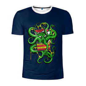 Мужская футболка 3D спортивная с принтом Ктулху в Белгороде, 100% полиэстер с улучшенными характеристиками | приталенный силуэт, круглая горловина, широкие плечи, сужается к линии бедра | Тематика изображения на принте: call | cthulhu | howard | kraken | lovecraft | octopus | tentacles | говард | зов | кракен | ктулху | лавкрафт | осьминог | щупальца