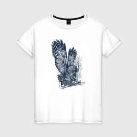 Женская футболка хлопок с принтом Сова в Белгороде, 100% хлопок | прямой крой, круглый вырез горловины, длина до линии бедер, слегка спущенное плечо | животное | луна | минимализм | ночь | охотник | перья | птица | сова | филин | хищник