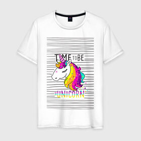 Мужская футболка хлопок с принтом Радуга Единорога в Белгороде, 100% хлопок | прямой крой, круглый вырез горловины, длина до линии бедер, слегка спущенное плечо. | rainbow | unicorn | время быть единорогом | равенство | радуга | радуга флаг