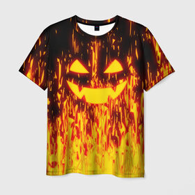 Мужская футболка 3D с принтом FIRE PUMPKIN в Белгороде, 100% полиэфир | прямой крой, круглый вырез горловины, длина до линии бедер | fire | halloween | искры | огонь | праздник | тыква | хэллоуин