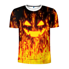 Мужская футболка 3D спортивная с принтом FIRE PUMPKIN в Белгороде, 100% полиэстер с улучшенными характеристиками | приталенный силуэт, круглая горловина, широкие плечи, сужается к линии бедра | fire | halloween | искры | огонь | праздник | тыква | хэллоуин