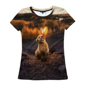 Женская футболка 3D с принтом Солнечный зайчик в Белгороде, 100% полиэфир ( синтетическое хлопкоподобное полотно) | прямой крой, круглый вырез горловины, длина до линии бедер | заяц | кролик | лес | пейзаж | поле | природа | пушистый | солнце | уши