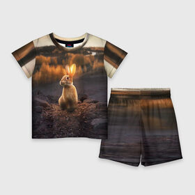 Детский костюм с шортами 3D с принтом Солнечный зайчик в Белгороде,  |  | заяц | кролик | лес | пейзаж | поле | природа | пушистый | солнце | уши