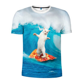 Мужская футболка 3D спортивная с принтом Кот Серфер в Белгороде, 100% полиэстер с улучшенными характеристиками | приталенный силуэт, круглая горловина, широкие плечи, сужается к линии бедра | Тематика изображения на принте: cat | fast | fastfood | food | meme | party | pizza | sea | serf | wave | вечеринка | волна | еда | кошак | кошка | мем | море | пицца | серф | фастфуд