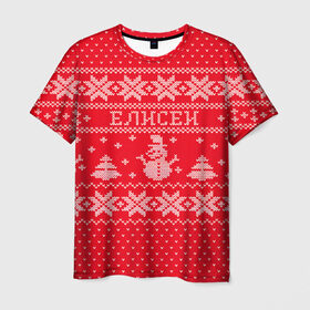 Мужская футболка 3D с принтом Новогодний Елисей в Белгороде, 100% полиэфир | прямой крой, круглый вырез горловины, длина до линии бедер | дед мороз | елисей | елка | зима | имена | кофта | новогодний | новый год | свитер | снег | снеговик | снежинки | узор