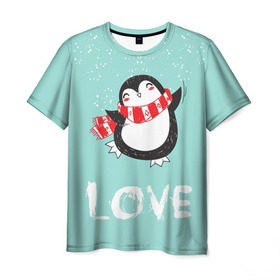 Мужская футболка 3D с принтом Пингвин LOVE в Белгороде, 100% полиэфир | прямой крой, круглый вырез горловины, длина до линии бедер | Тематика изображения на принте: linux | детская | зима | зимняя | лёд | новый год | пингвин | пингвин в снегу | пингвин в шарфе | пингвин любовь | пингвинчик | пингвины | северный полюс | снег | холод