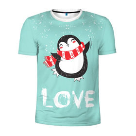 Мужская футболка 3D спортивная с принтом Пингвин LOVE в Белгороде, 100% полиэстер с улучшенными характеристиками | приталенный силуэт, круглая горловина, широкие плечи, сужается к линии бедра | linux | детская | зима | зимняя | лёд | новый год | пингвин | пингвин в снегу | пингвин в шарфе | пингвин любовь | пингвинчик | пингвины | северный полюс | снег | холод