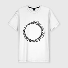 Мужская футболка премиум с принтом Уроборос в Белгороде, 92% хлопок, 8% лайкра | приталенный силуэт, круглый вырез ворота, длина до линии бедра, короткий рукав | алхимия | бесконечность | вечность | дракон | змей | мифология | символ | уроборос | эпос