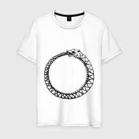 Мужская футболка хлопок с принтом Уроборос в Белгороде, 100% хлопок | прямой крой, круглый вырез горловины, длина до линии бедер, слегка спущенное плечо. | алхимия | бесконечность | вечность | дракон | змей | мифология | символ | уроборос | эпос